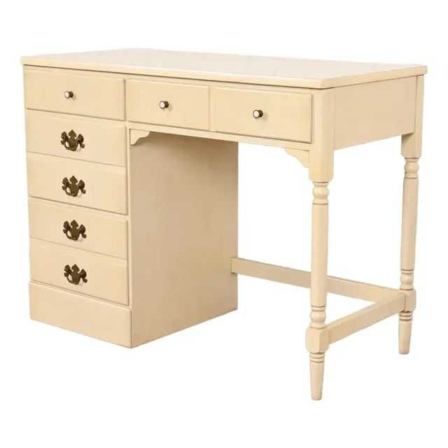 Ethan Allen American Carved Cream Lacquered Solid Maple Writing Desk, Circa 1970s