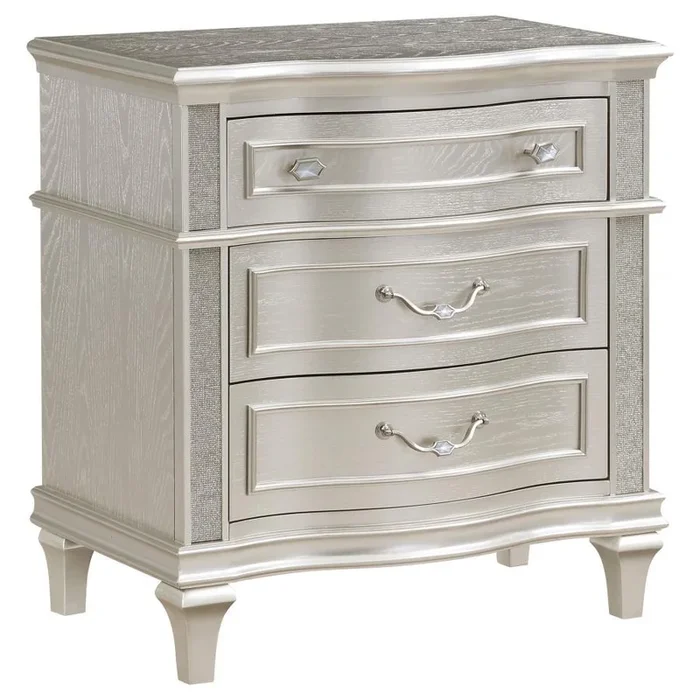Evangeline 3-Drawer Nightstand – Silver Oak Wood Frame with Glam Metal Accents, Felt-Lined Drawer & Hidden USB Charging Outlet