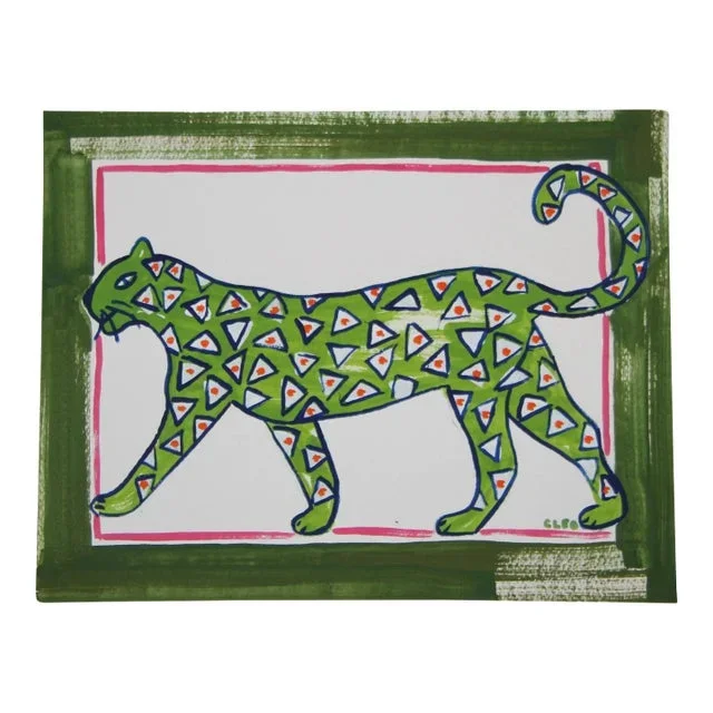 Expressionist Leopard With Green Border Original Painting by Cleo Plowden