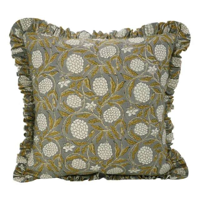 Fabdivine Artisan Block Print Throw Frill Pillow Cover Gray 14×14 Inch Pure Linen- Merakhi