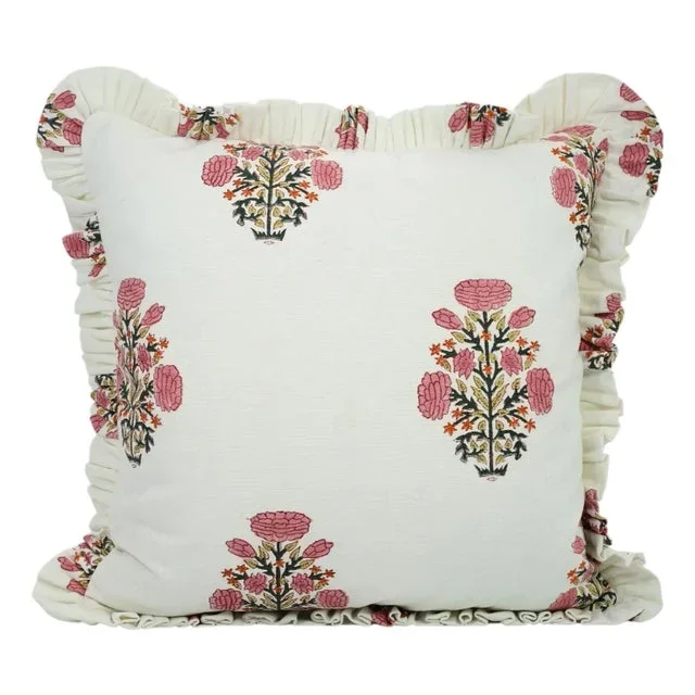 Fabdivine Artisan Block Print Throw Frill Pillow Cover Pink 16×16 Inch Thick Cotton White- Swadesh