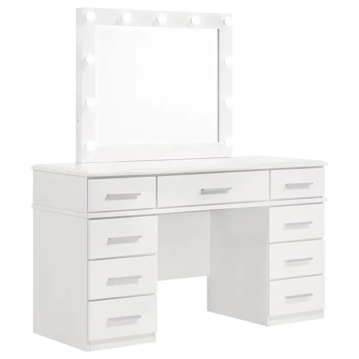 Felicity Upholstered Vanity Stool – Glossy White Finish with Metallic Accents, Cushioned Faux Leather Seat, Tapered Legs for Stability and Style