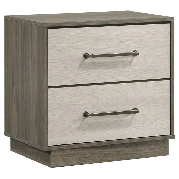 Fenwick 2-Drawer Nightstand Bedside Table in Gray Oak with Two-Tone Finish, Floating Base Design, Metal Extension Glides, and Antique Nickel Handles