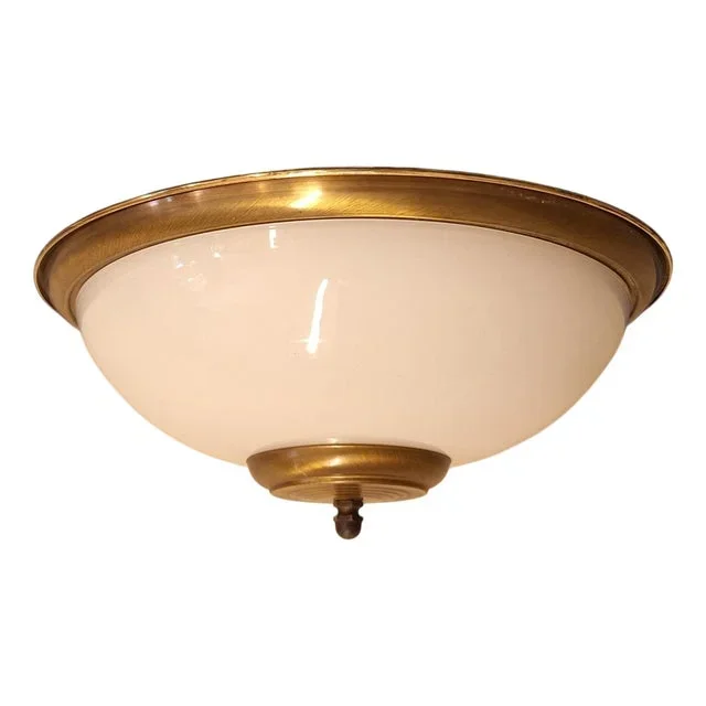Flat Vintage Ceiling Lamp with White Glass Shade in Patinated Brass Mount, 1990s