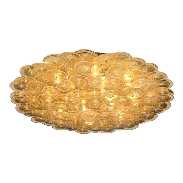Flush Mount Murano Disc Chandelier in Gold and Clear Glass and Brushed Brass