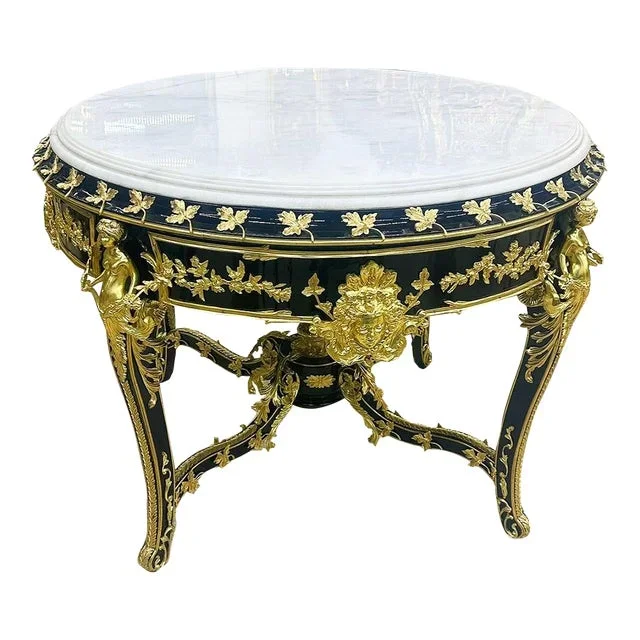 French Baroque Rococo Style Marble Topped Black Gold Table