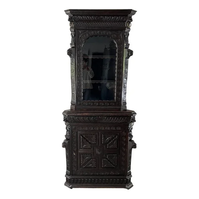 French Glazed Carved Oak 2-Body Corner Cabinet