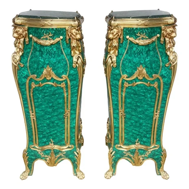 French Napoleon III Malachite Pedestal Stands, Set of 2