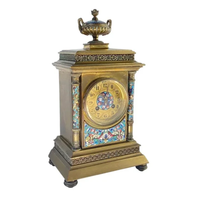 French Samuel Marti Champleve Enamel Gilt Bronze Mantel Clock