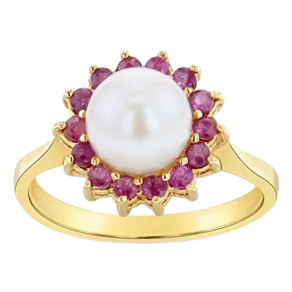 Freshwater Pearl & Ruby Halo Ring 14k Yellow Gold, Size 6.5
