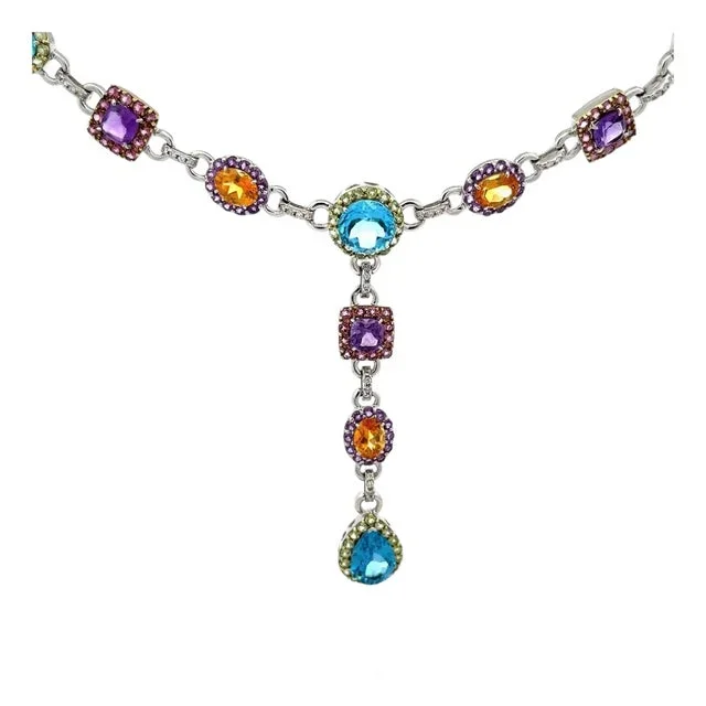 Full Gemstones Drop Necklace Multi-Color Gems & Diamonds 14k White Gold