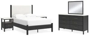 Full Upholstered Panel Bed With Mirrored Dresser and 2 Nightstands