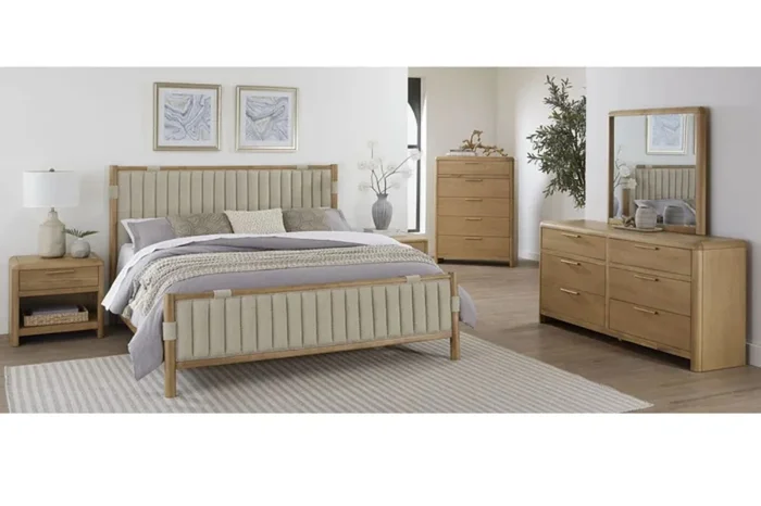 Furano Channel Upholstered Panel Bed, Dresser, Mirror & Nightstand in Ginger, CA King