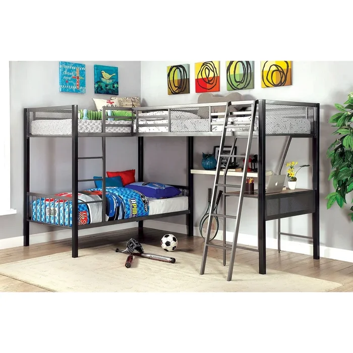 Furniture Of America Ballarat Silver Contemporary Triple Twin Bunk Bed With Desk Model CM-BK1049