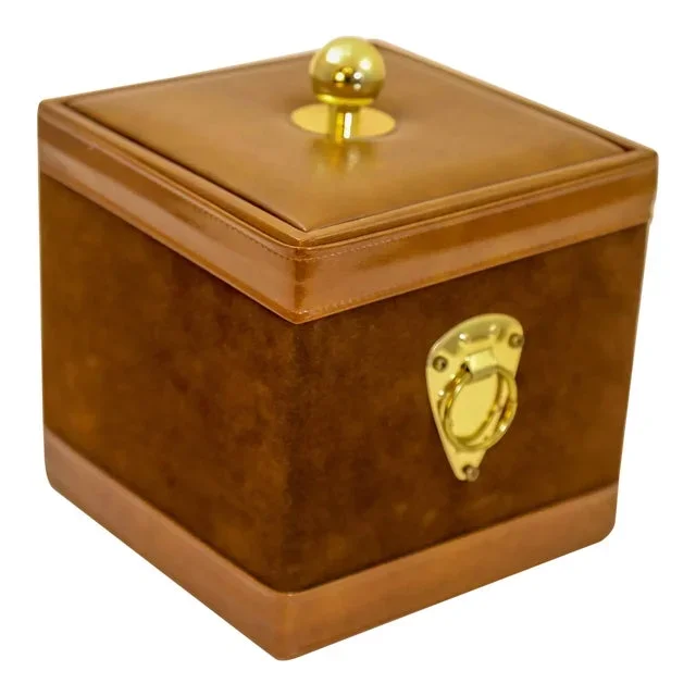 Georges Briard Ice Bucket Brown Suede Square With Brass Vintage 1950s