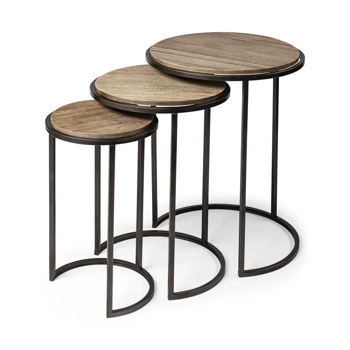 Glover Brown Wood Round Top W/Metal Nesting Accent Tables 68814 by Mercana at Old Brick Furniture & Mattress Co.