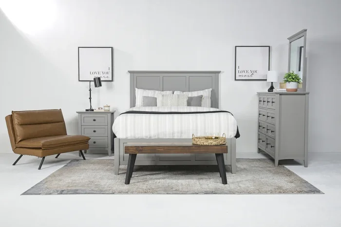 Grace Panel Bed, Dresser & Mirror in Elephant Gray, Queen