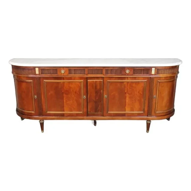 Grand Mahogany Louis XVI Maison Jansen Style Brass Trimmed Marble Top Sideboard