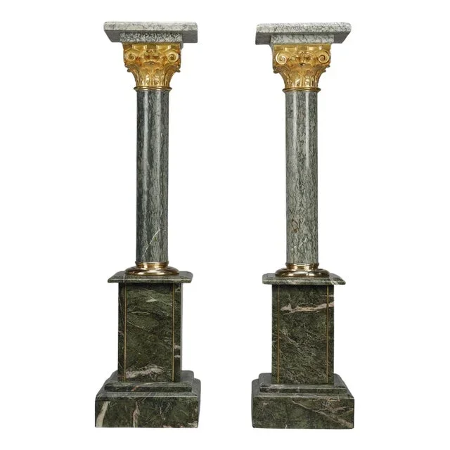 Green Estours Marble Columns with Corinthian Capitals, 1900, Set of 2