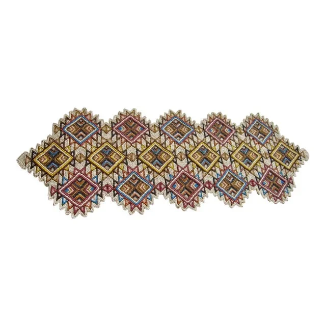 Hand-Beaded Red, Blue & Gold Geometric Table Runner