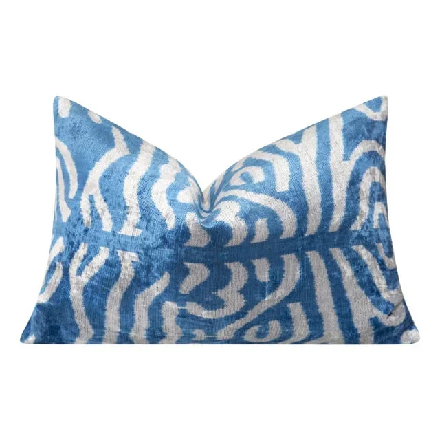 Handmade Silk Velvet Pillow 16×24, Down Feather Insert, Blue & White Tiger Print