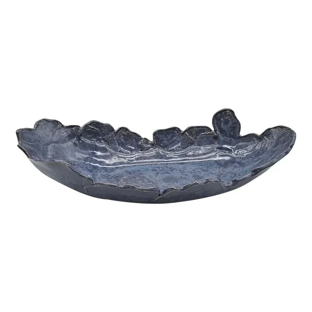 Handmade Studio Pottery Centerpiece Bowl – Organic Form With Live Edge in Deep Blue Glaze