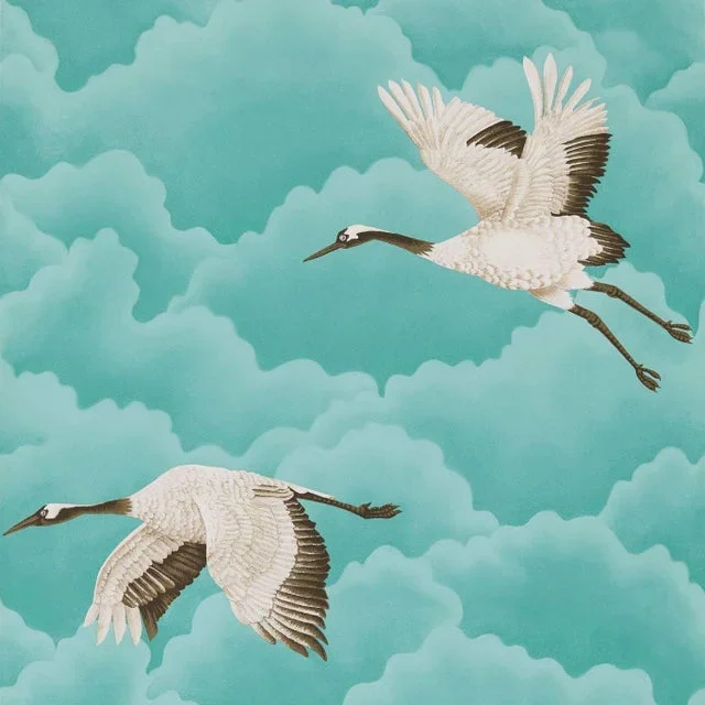 Harlequin Cranes in Flight Wallpaper in Marine