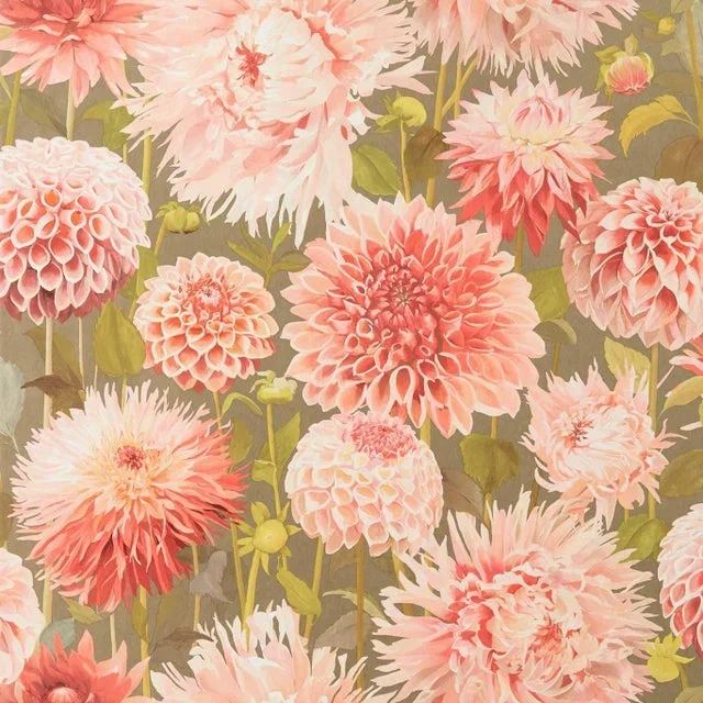 Harlequin Dahlia Wallpaper in Coral/Fig Leaf/Gilver