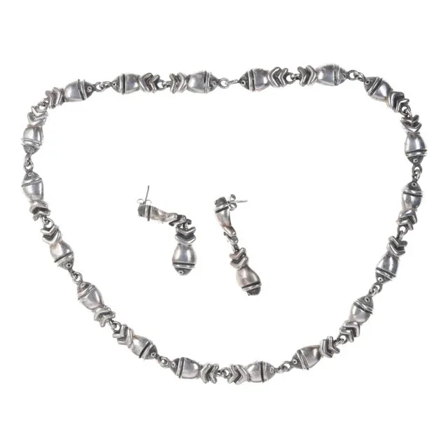 Heavy Retro Modernist Mexican Sterling Fish necklace and earrings