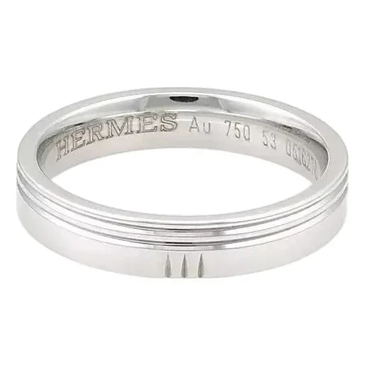 Hermes 18k White Gold 4mm Wide Grooved Band Ring Size 53-US 6.5