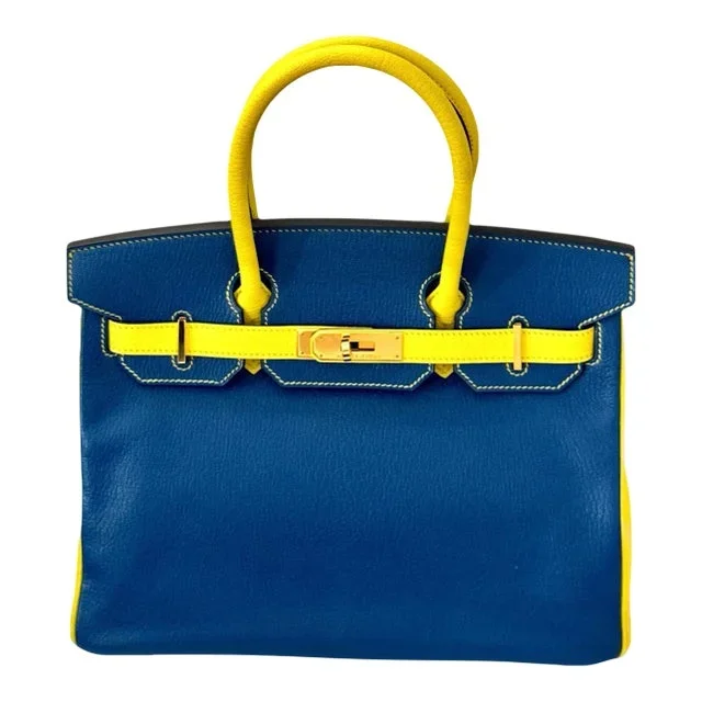 Hermes 30cm Birkin Hss Electric Blue Yellow Soufre and Etoupe Bicolor Mysore Leather