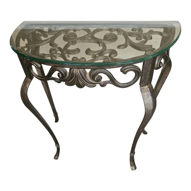 Hollywood Regency Iron Cabriole Leg Glass Top Demi-Lune Table
