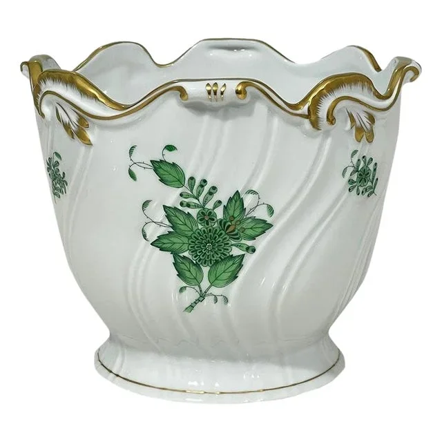 Hungary Porcelain Chinese Bouquet Apponyi Green Cachepot from Herend, 1976