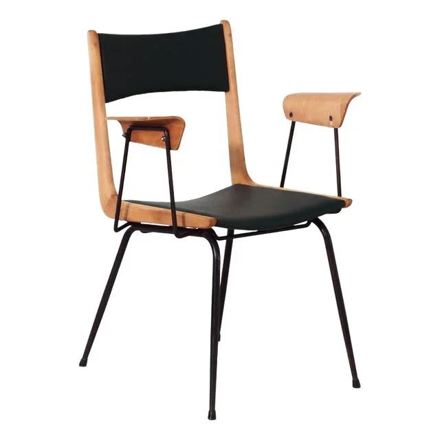 Italian Boomerang Chair with Wooden Armrests & New Upholstery attributed to Carlo De Carli, 1950s