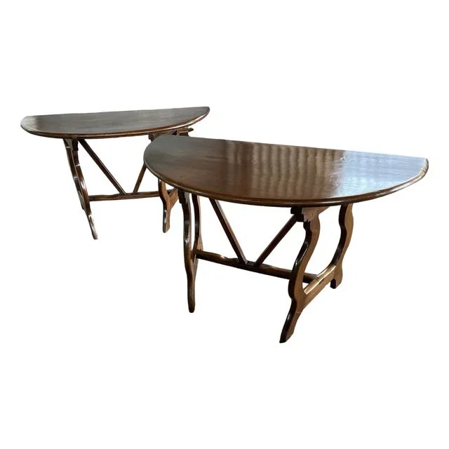 Italian Demi Lune Console Tables in Walnut, Set of 2