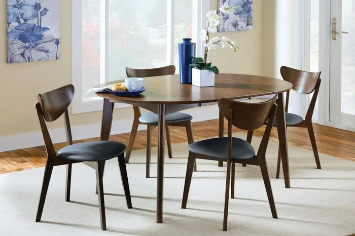 Jedda 5 Piece Oval Dining Table Set – Dark Walnut, Solid Wood Table with Extension Leaf, 4 Upholstered Side Chairs, Mid-Century Modern Design