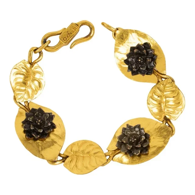 Kenzo Paris Gilt Metal and Bronze Water Lily Flowers and Leaves Link Bracelet