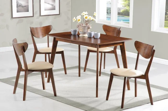 Kersey 5 Piece Rectangular Dining Table Set in Chestnut – Mid-Century Modern Wood Table with 4 Leatherette Chairs for Stylish Small Spaces