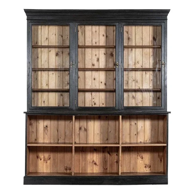 Large 19th Century English Ebonised Fruitwood & Pine Glazed Bookcase Dresser, 1880