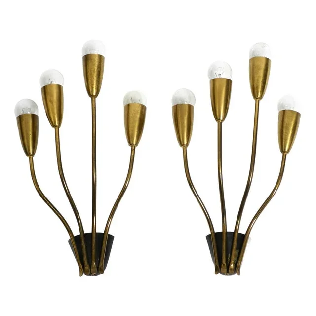 Large Four-Armed Brass Wall Lamps, 1950s, Set of 2