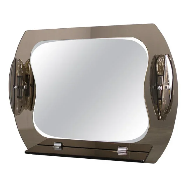 Large Glass Wall Mirror with Lights and Shelf from Fontana Arte, Italy, 1980s