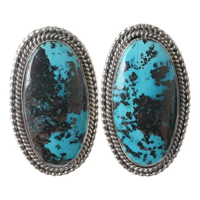 Large Navajo Sterling Eula Wylie Chrysocolla Earrings, 2 pieces
