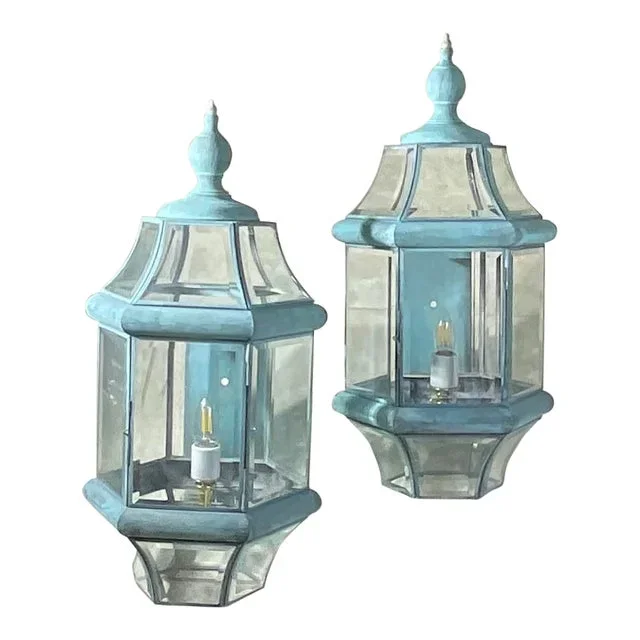 Large Pair of Solid Handcrafted Wall-Mounted Brass Lantern 24”h X 11”w X 12”d