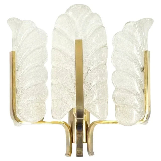Large Scandinavian Glass & Brass Leaf Wall Light attributed to Carl Fagerlund for Orrefors, 1960s