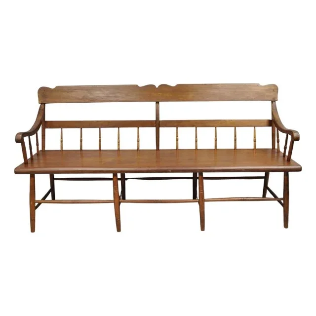 Late 19th Century Antique American Colonial Farmhouse Spindle Back Pine Wood 8 Leg Bench