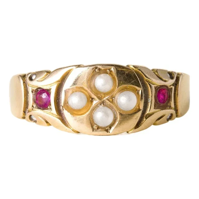 Late 19th Century Victorian 15k Gold Seed Pearl and Ruby Ring Band, Size 7.75