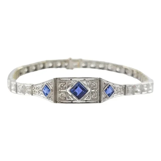 Late 20th Century 14k White Gold Diamond & Lab Grown Blue Sapphire Vintage Style Bracelet