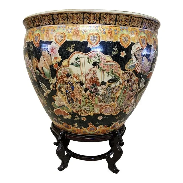 Late 20th Century Asian Chinoiserie Fish Bowl With Stand Large Ceramic