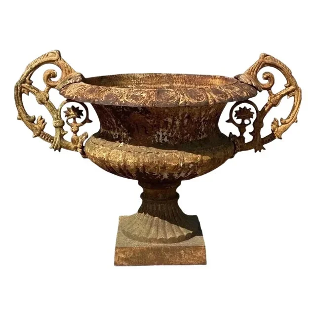 Late 20th Century French Victorian Large Cast Iron Campana Urn Planter W/ Handles
