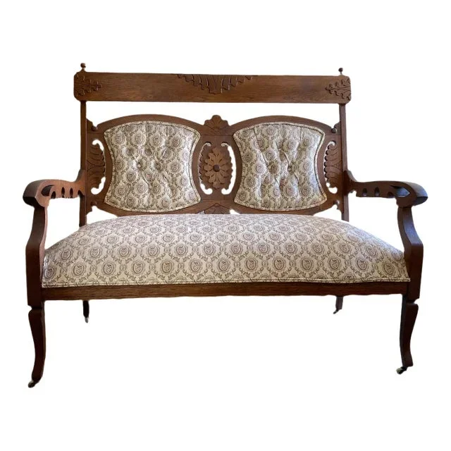 Late 20th Century Hand Carved Oak Wood Settee With Baroque Original Upholstery